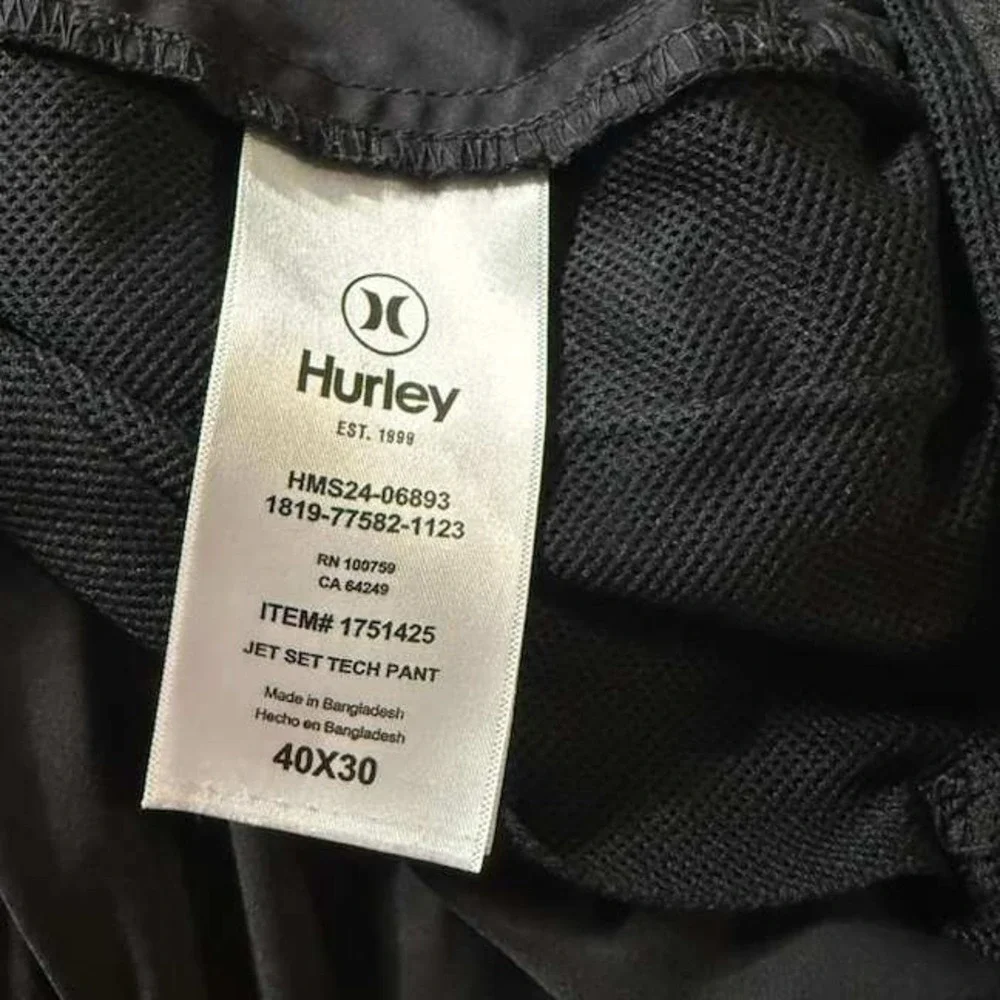 Hurley Jet Set Tech Pant Mens Black Straight Leg Casual Travel Size 40x30